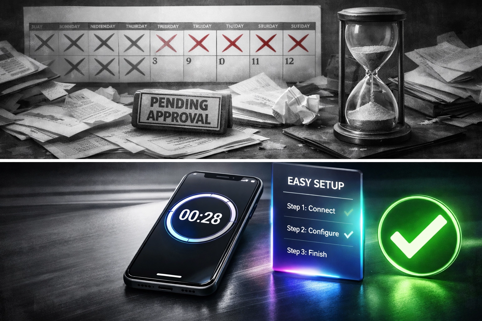 Comparison of 2-week traditional approval process vs 30-minute self-custody merchant setup