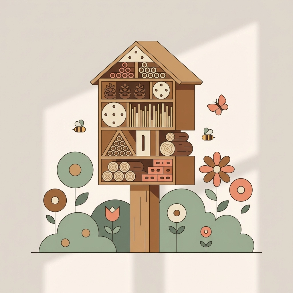 Minimalist illustration of a completed bug hotel in a garden, attracting bees and butterflies.