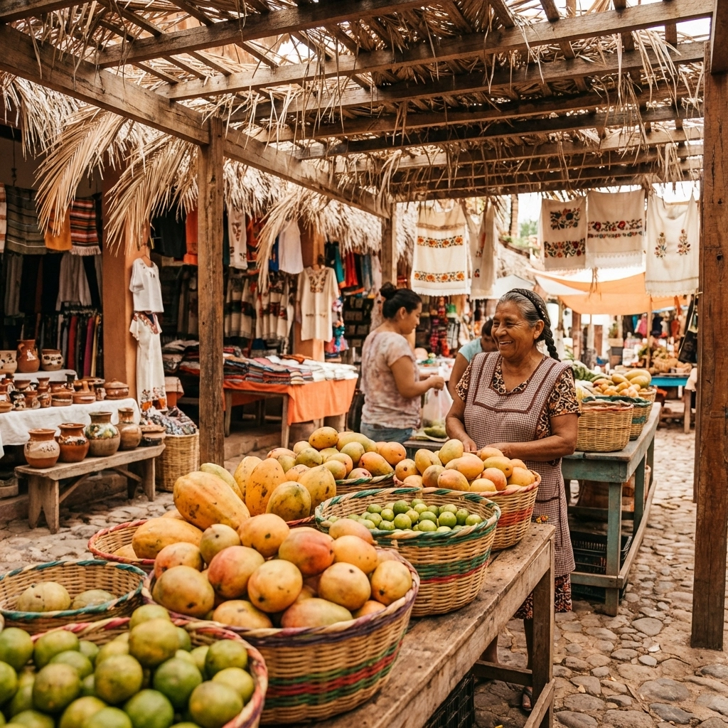 Traditional market in San Pancho displaying fresh tropical fruits and handmade crafts: a must-see near Puerto Vallarta