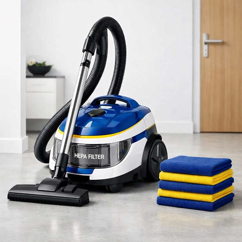 Professional HEPA vacuum and microfiber cloths ready for post-construction dust removal in a home.