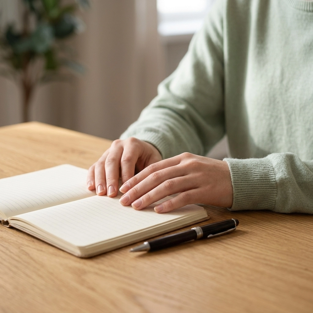 Close-up of hands resting on a table next to a notebook, representing the process of reflection and understanding one's neurobiology.