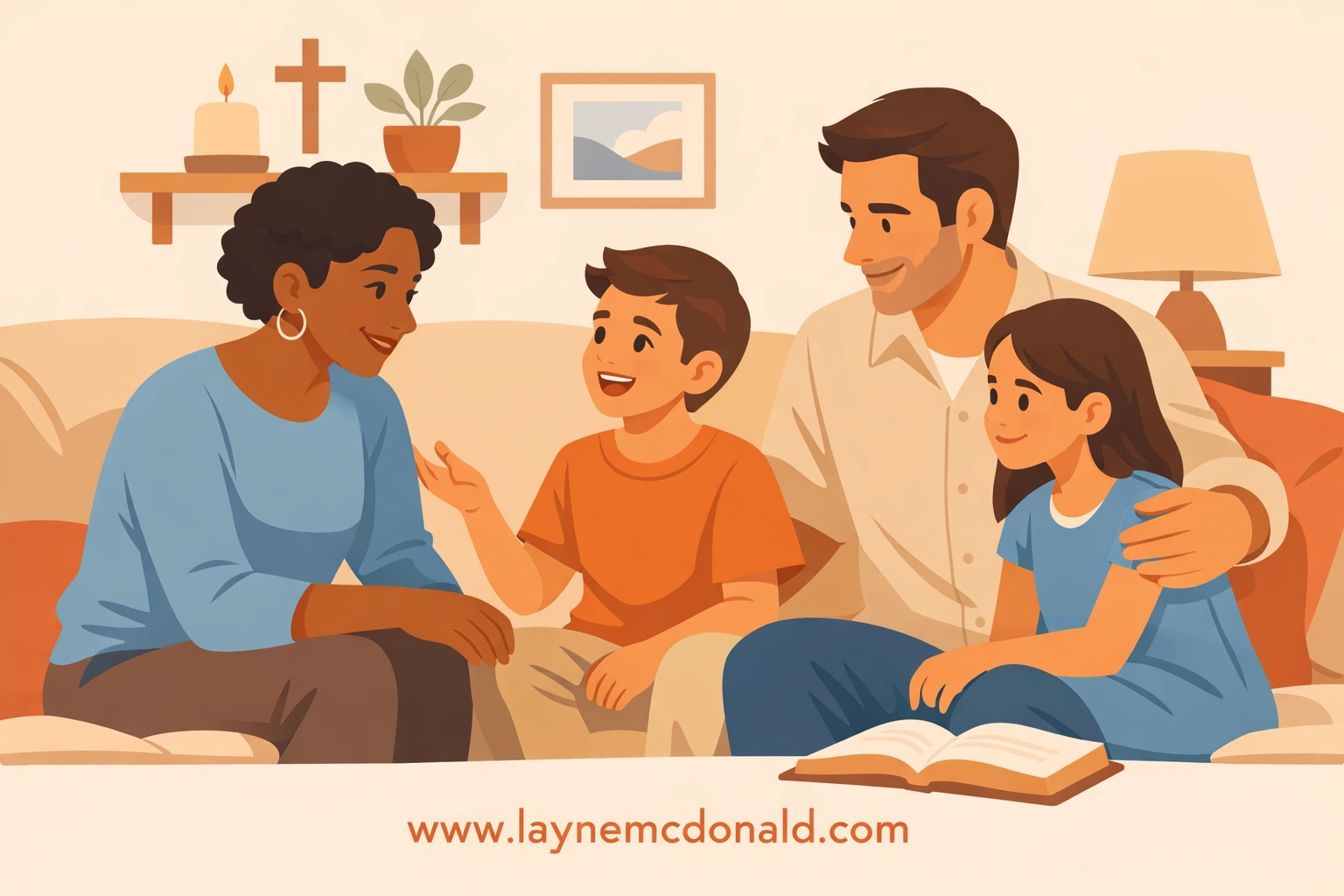 Family having open conversation in living room creating emotionally safe faith home environment