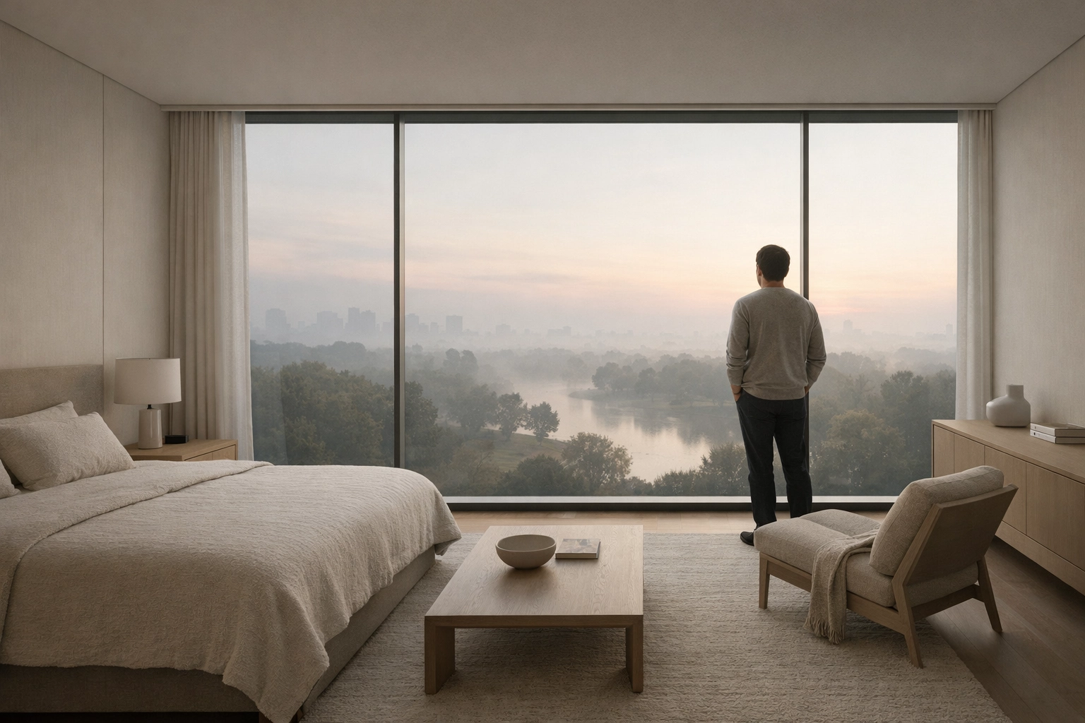 Visionary guest experience in a modern suite managed by integrated hotel management software.