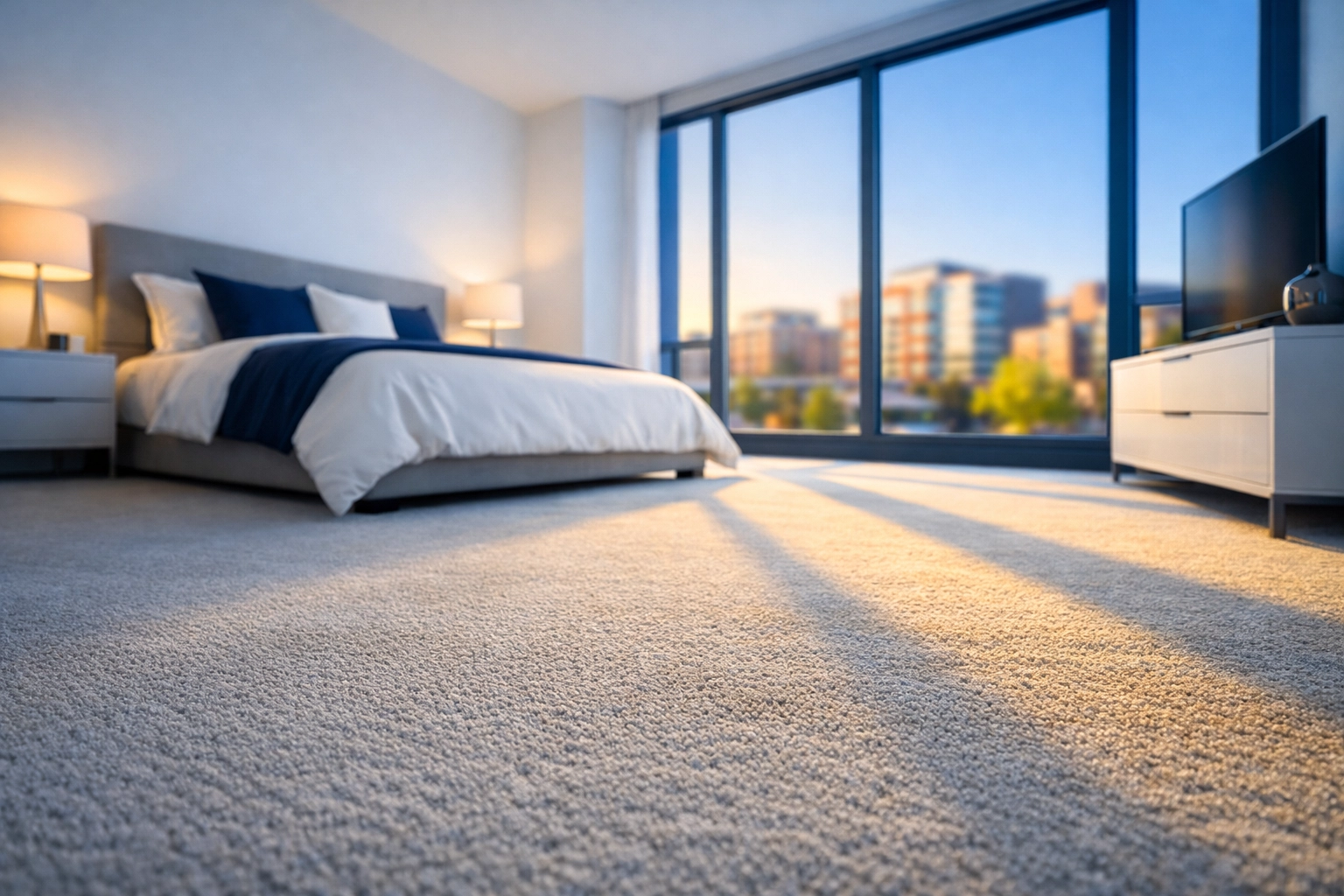 Spotless bedroom with vacuumed carpets and clean baseboards following professional move-out cleaning in Worcester MA.