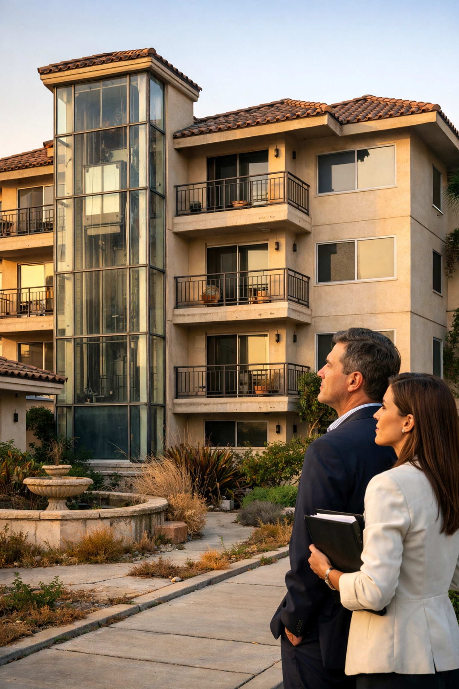 Couple inspecting South Bay condominium building for HOA maintenance issues before purchase
