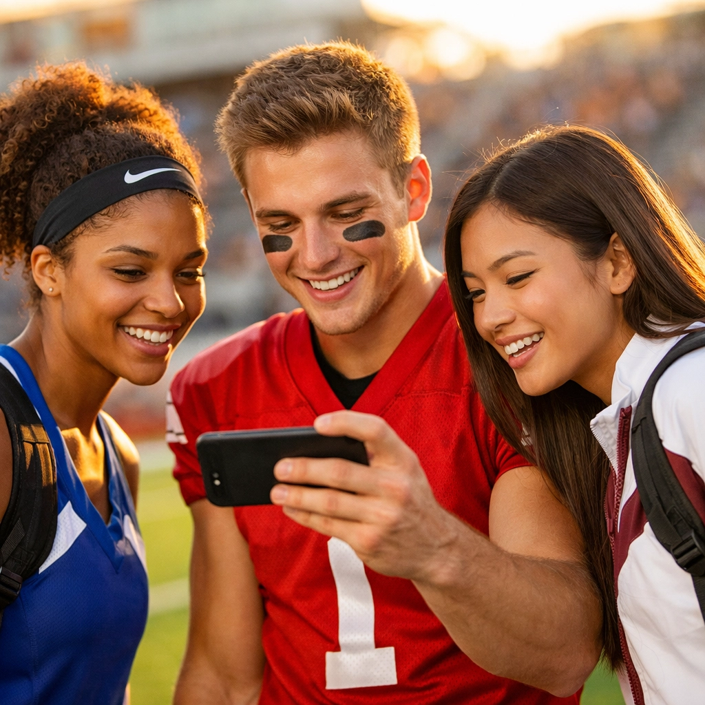 Authentic student-athletes engaging with NIL content at a stadium for a Super Bowl media plan.