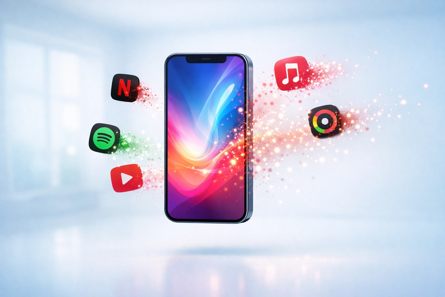 Smartphone with colorful app icons drifting away, symbolizing saving money by canceling unused subscriptions.