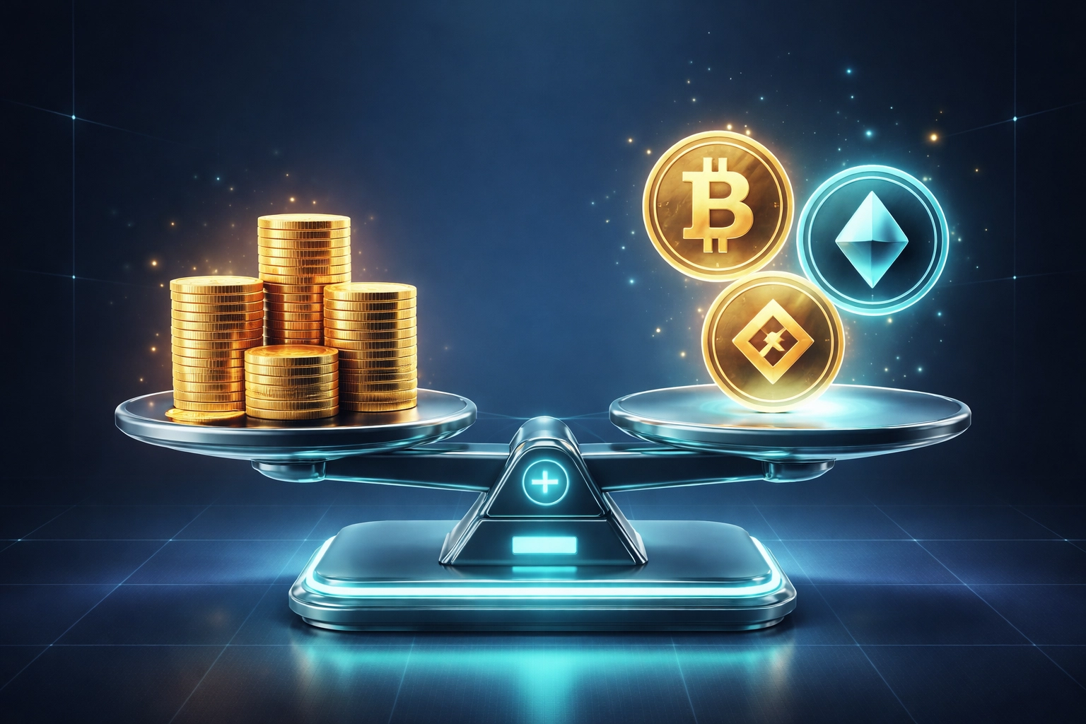 A digital scale comparing gold coins and cryptocurrency icons illustrates crypto payment savings for small businesses.