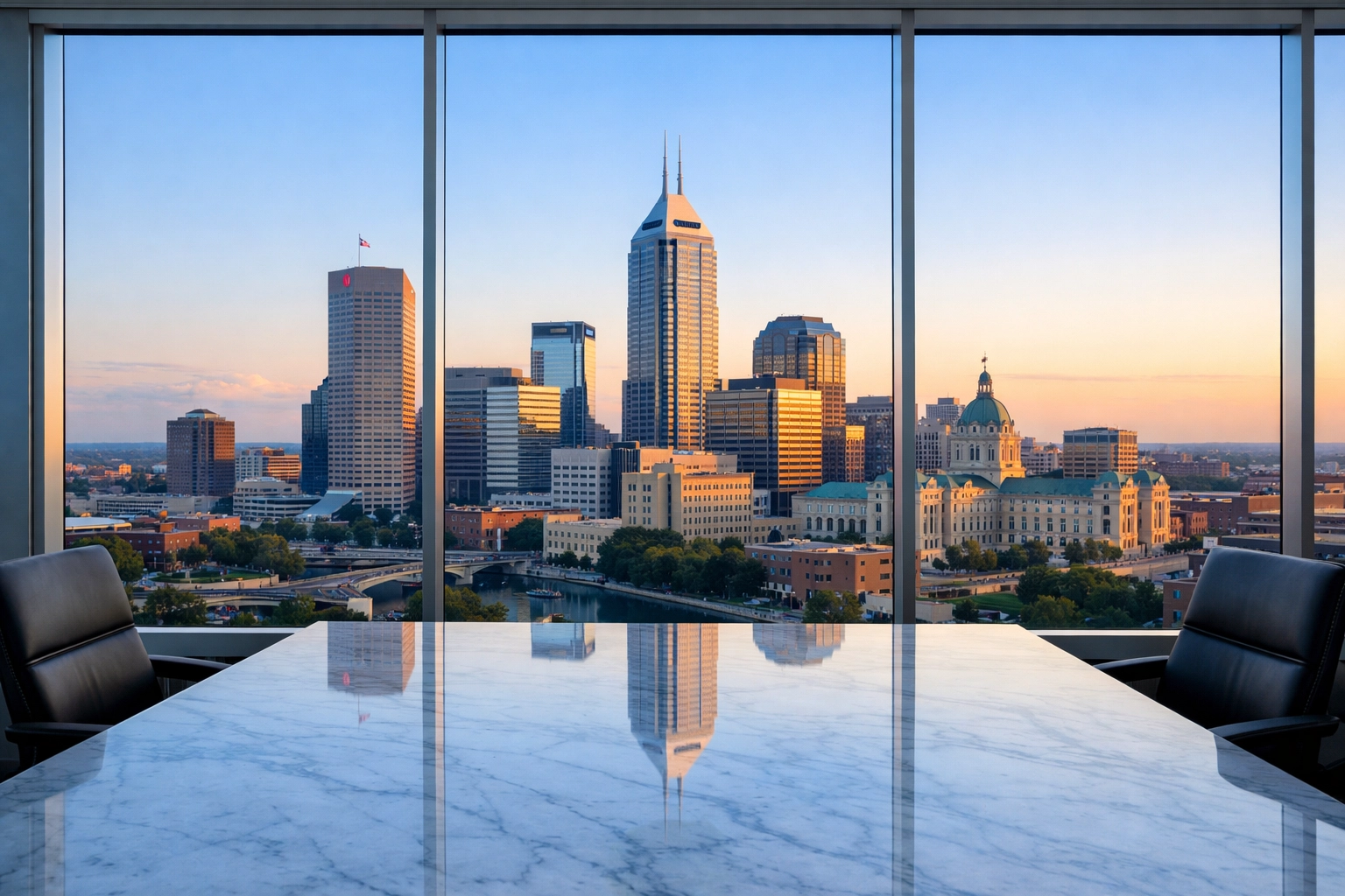 View of the Indianapolis skyline from a clean office window, representing metropolitan service authority.