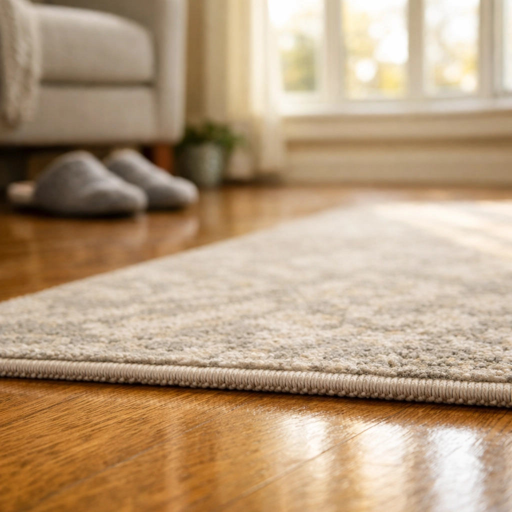 Secure low-pile area rug on a wood floor to prevent senior tripping hazards.