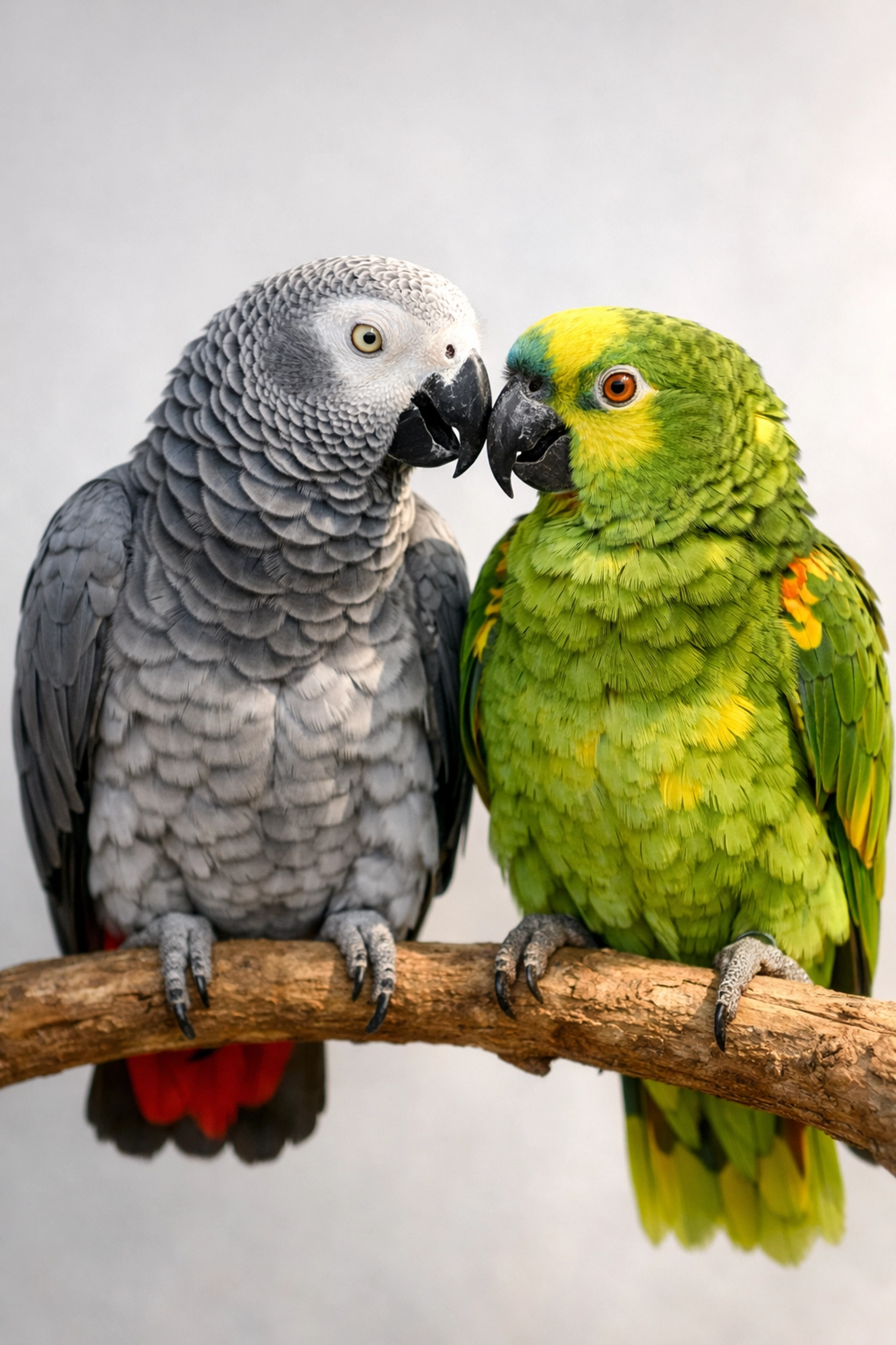 African Grey and Amazon parrots perched together on a branch, popular species for talking birds.