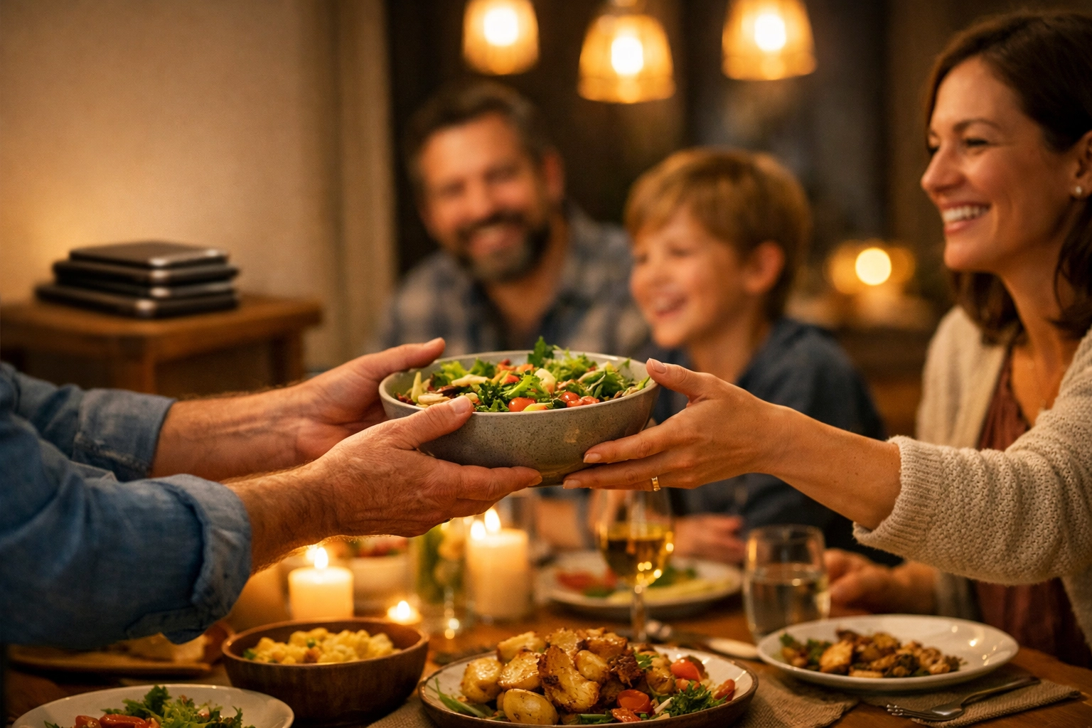 Family enjoying screen-free dinner time modeling healthy social media boundaries