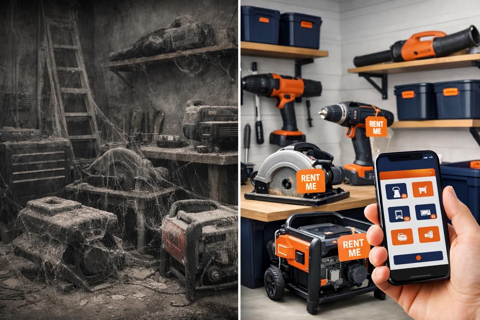 Before and after garage transformation from dusty storage to organized rental equipment