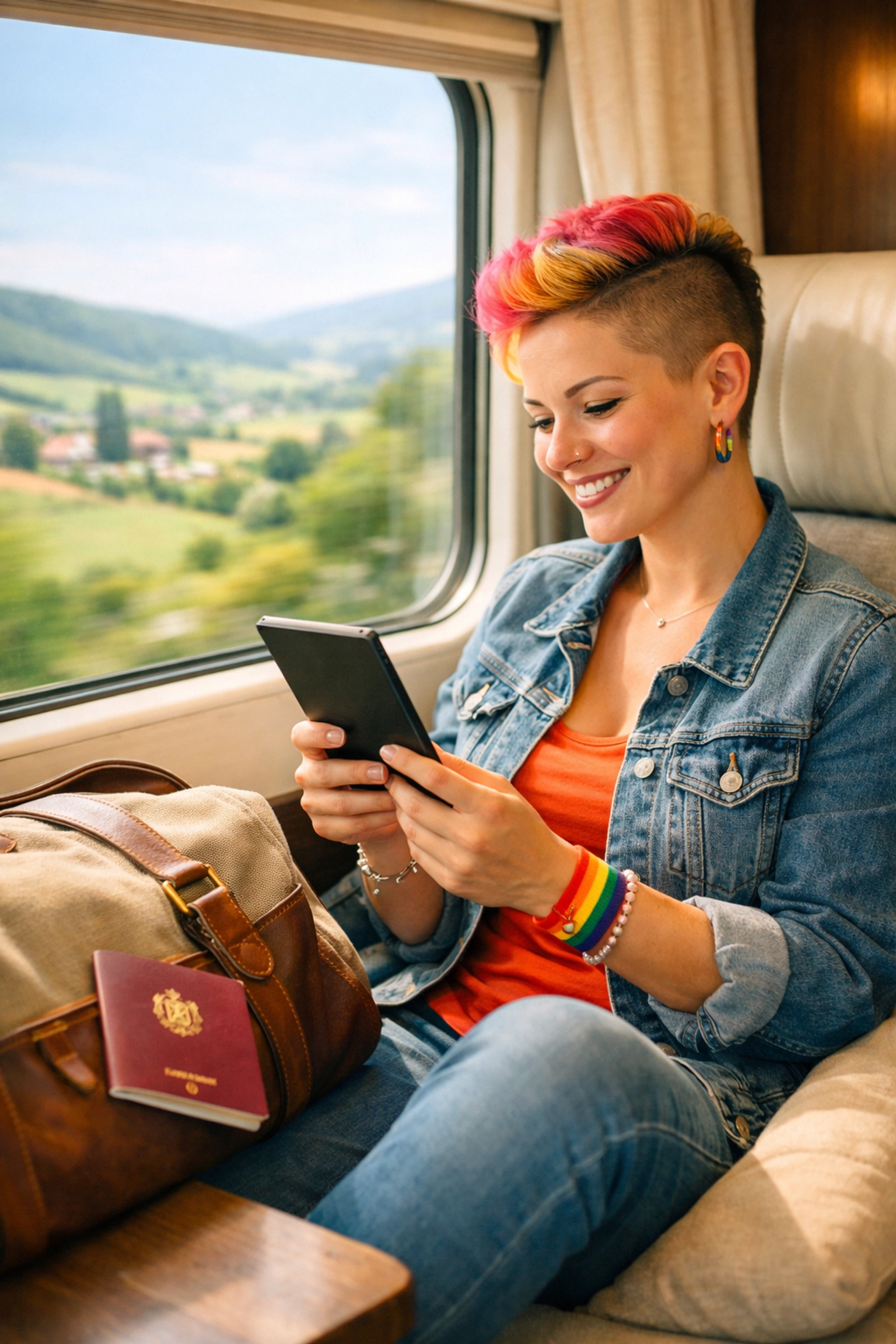 A queer woman reading an LGBTQ+ ebook on a train while traveling through the European countryside.