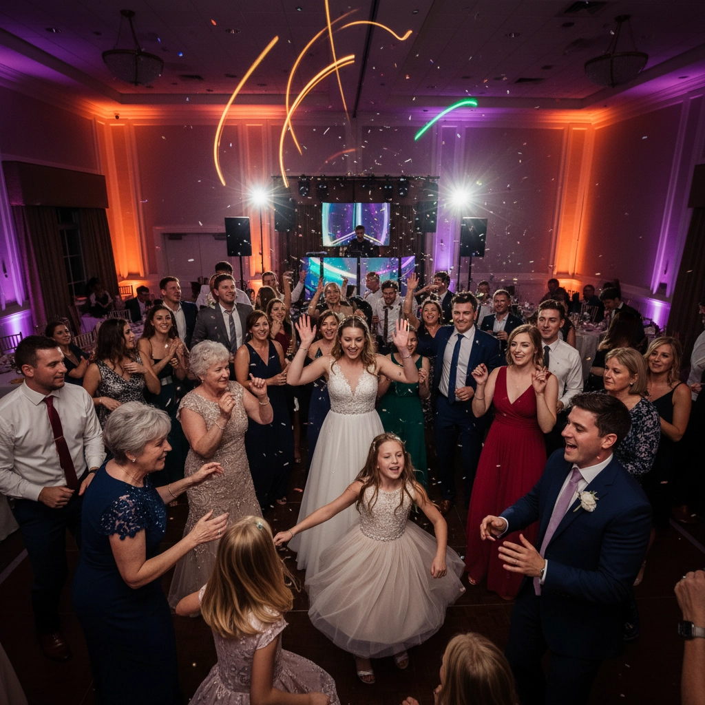 Guests dancing joyfully at a wedding reception with confetti falling. Colorful lights and a DJ booth in the background create a festive mood.