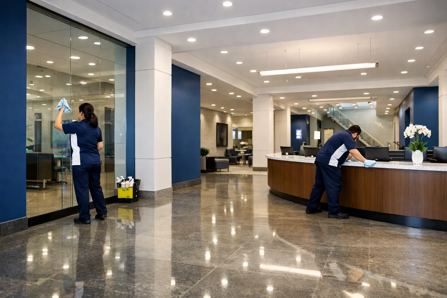Professional team performing Office Cleaning Holliston in a high-end commercial lobby and reception area.