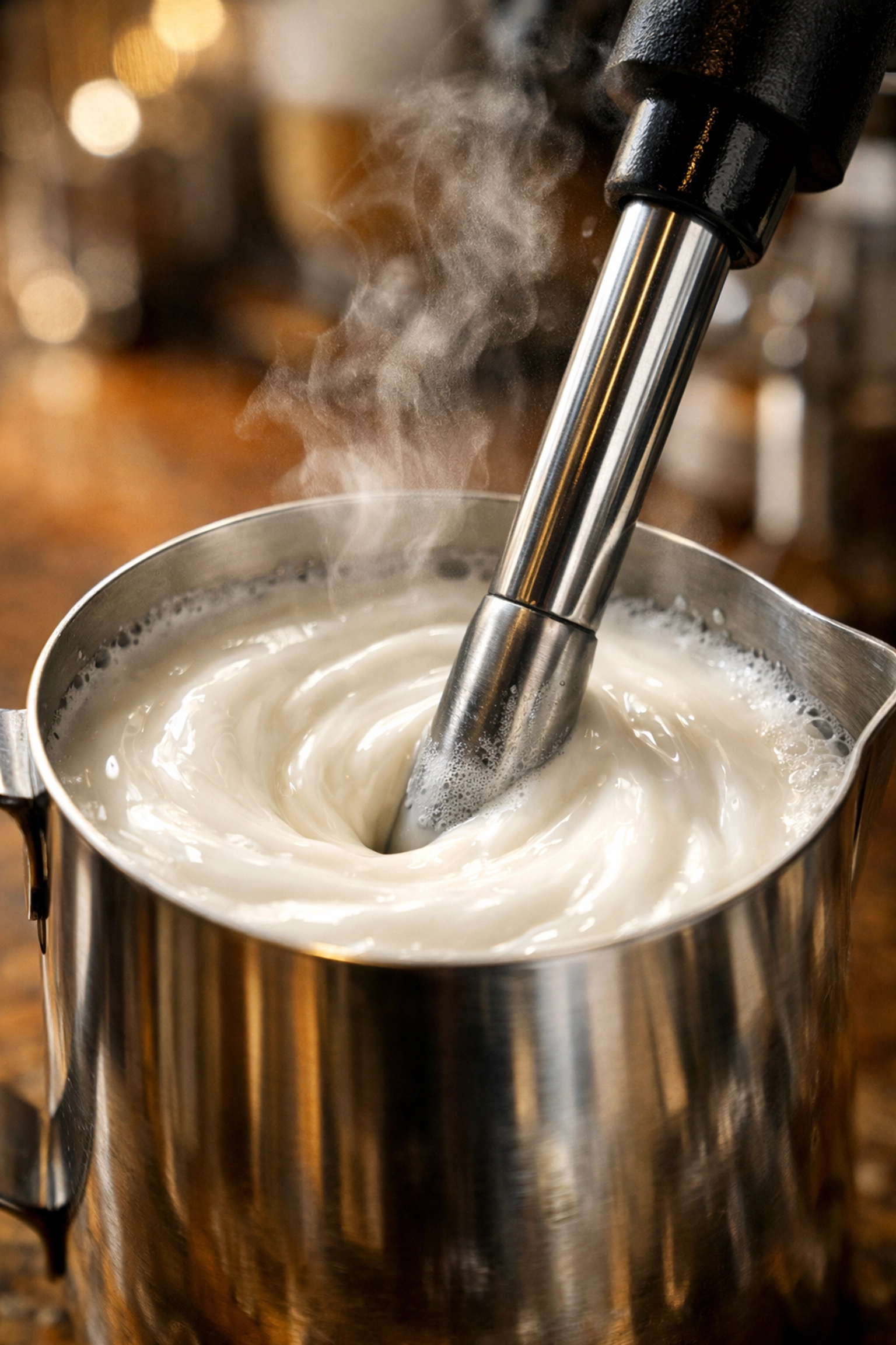 Close-up of a steam wand creating silky microfoam in a milk pitcher at a specialty coffee shop.