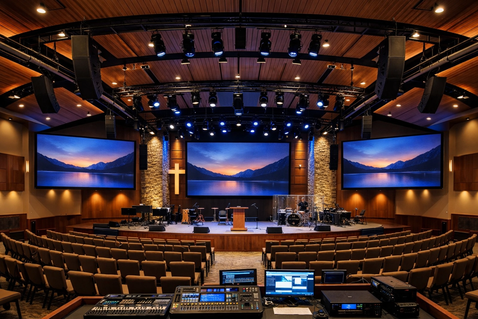 Modern worship sanctuary with ceiling speakers and integrated AV system installation