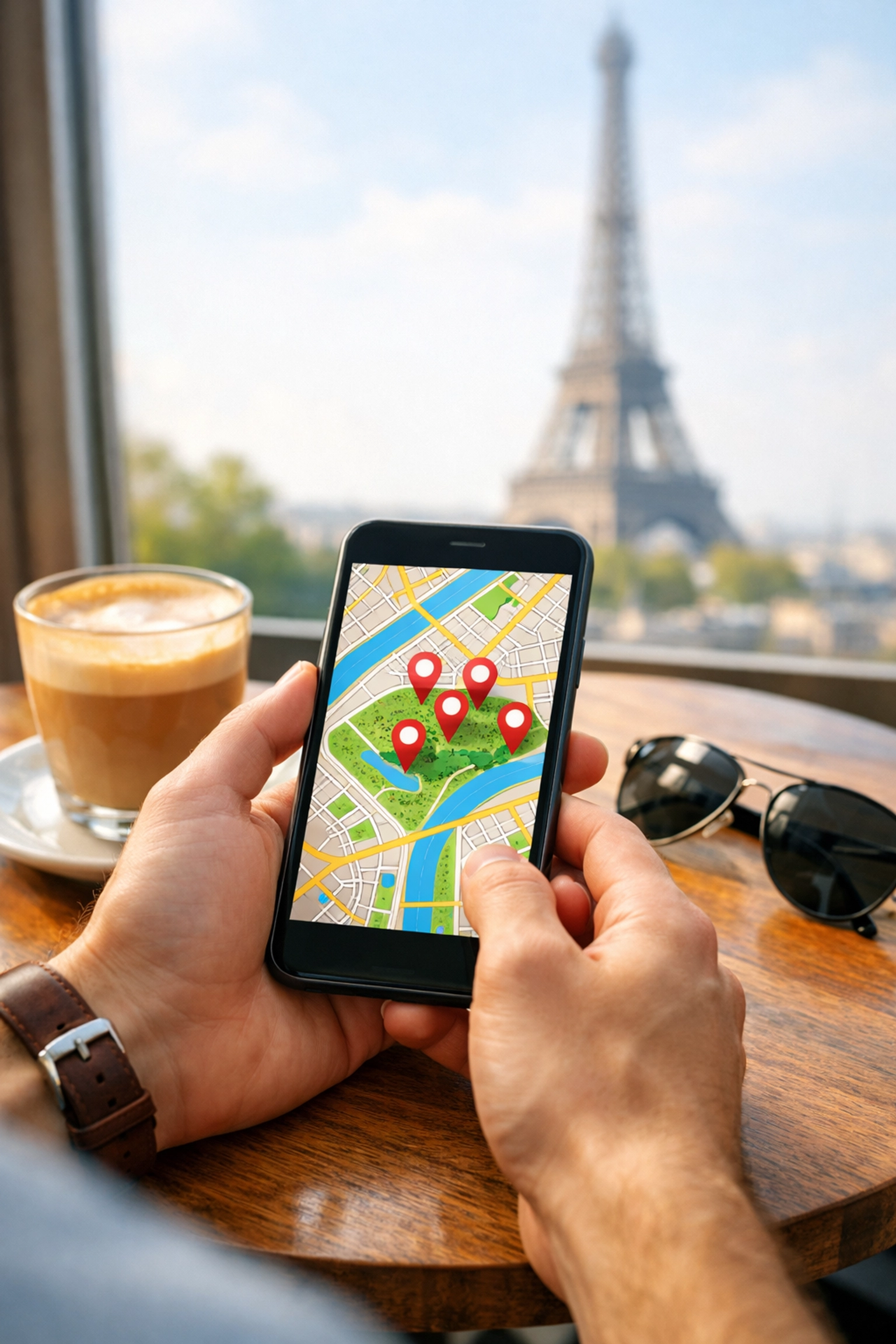 The Ultimate Guide to Family Travel Activities: Everything You Need to Succeed at Finding the Best Photo Spots 1 Traveler using a smartphone map to plan family travel photo spots in a city café.