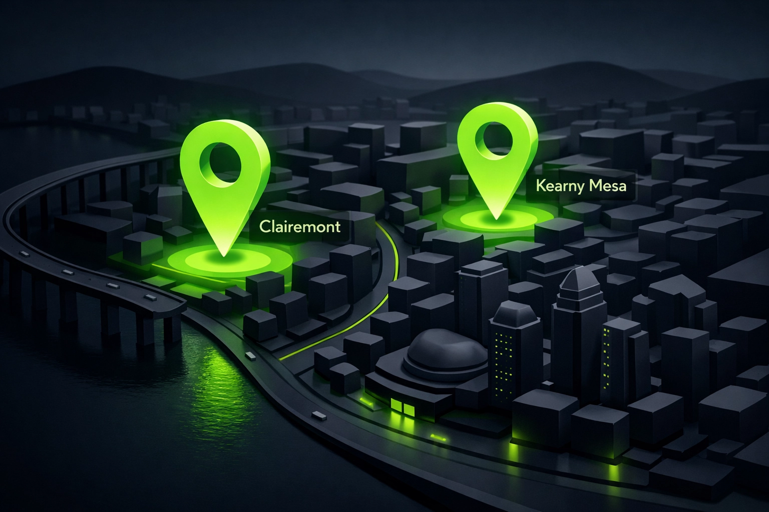 Neon map pins showing junk removal service coverage in San Diego neighborhoods.