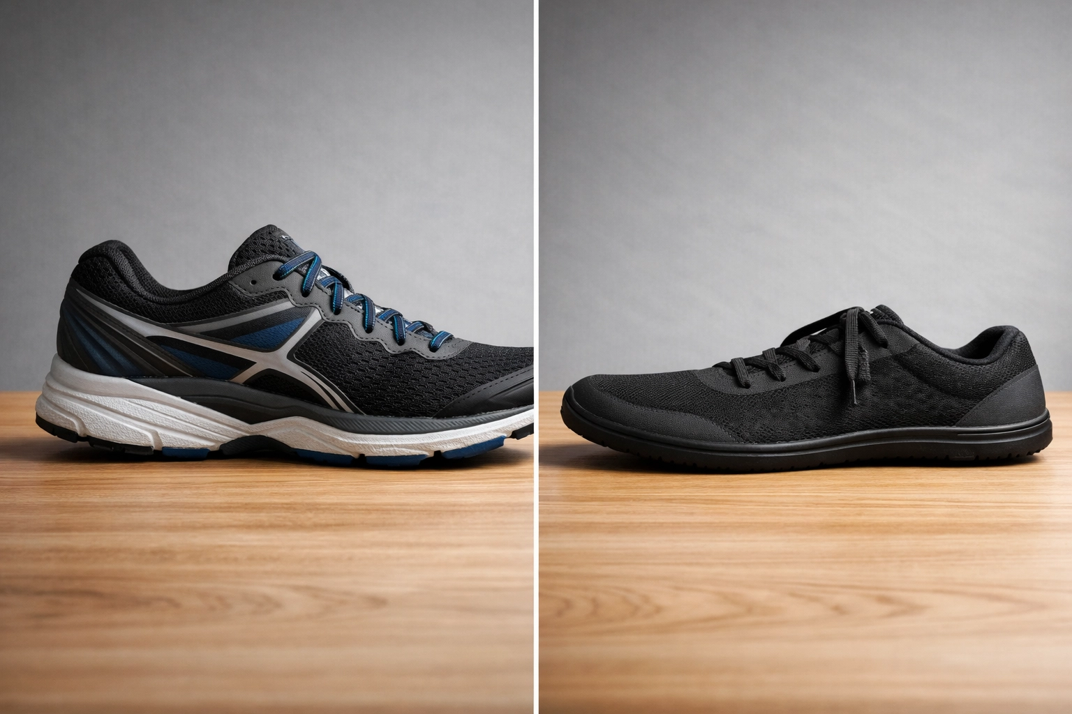 Comparison of traditional cushioned sneakers and wide toe box barefoot shoes.
