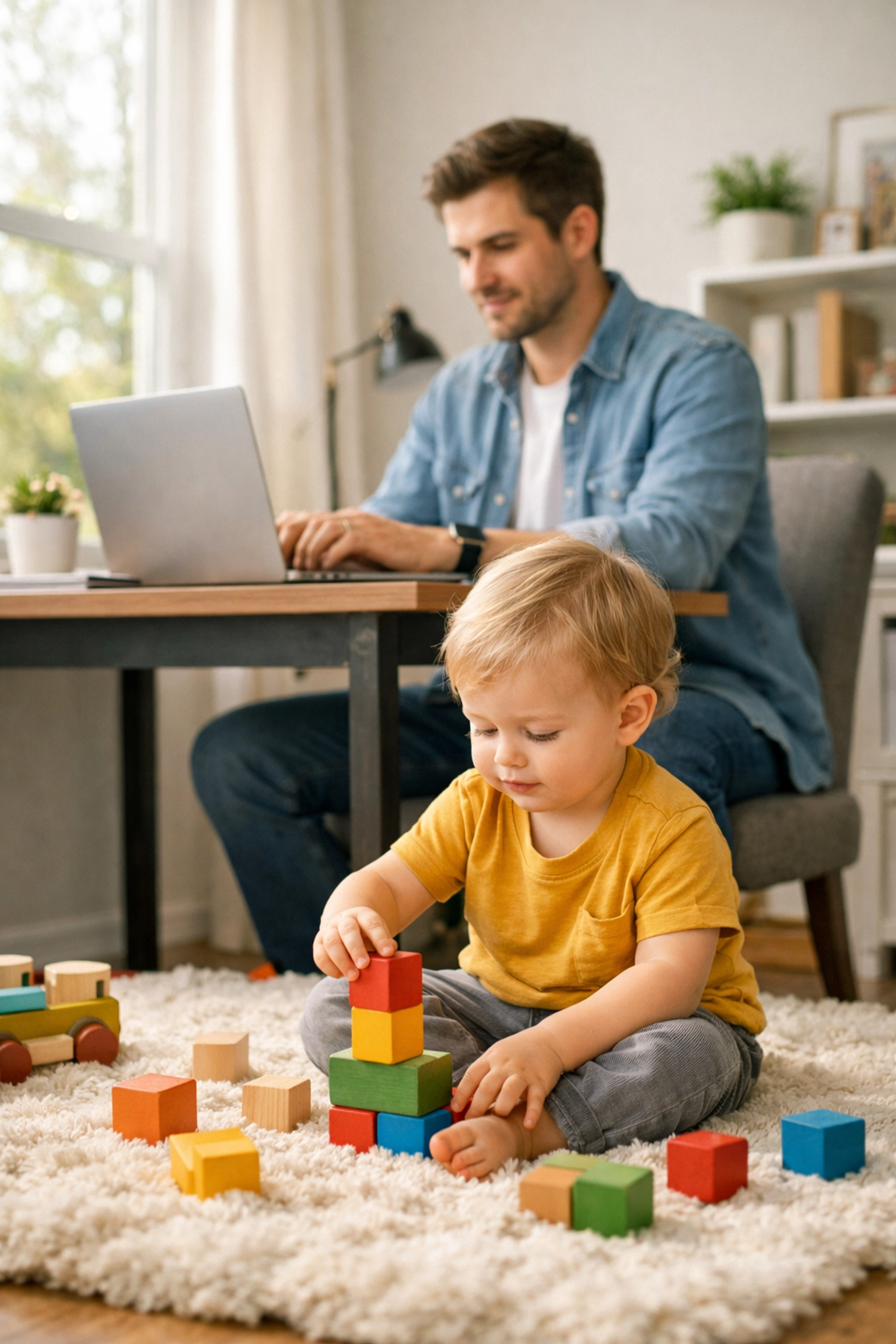 Working father adjusting W-4 withholding while child plays, highlighting family tax deductions.