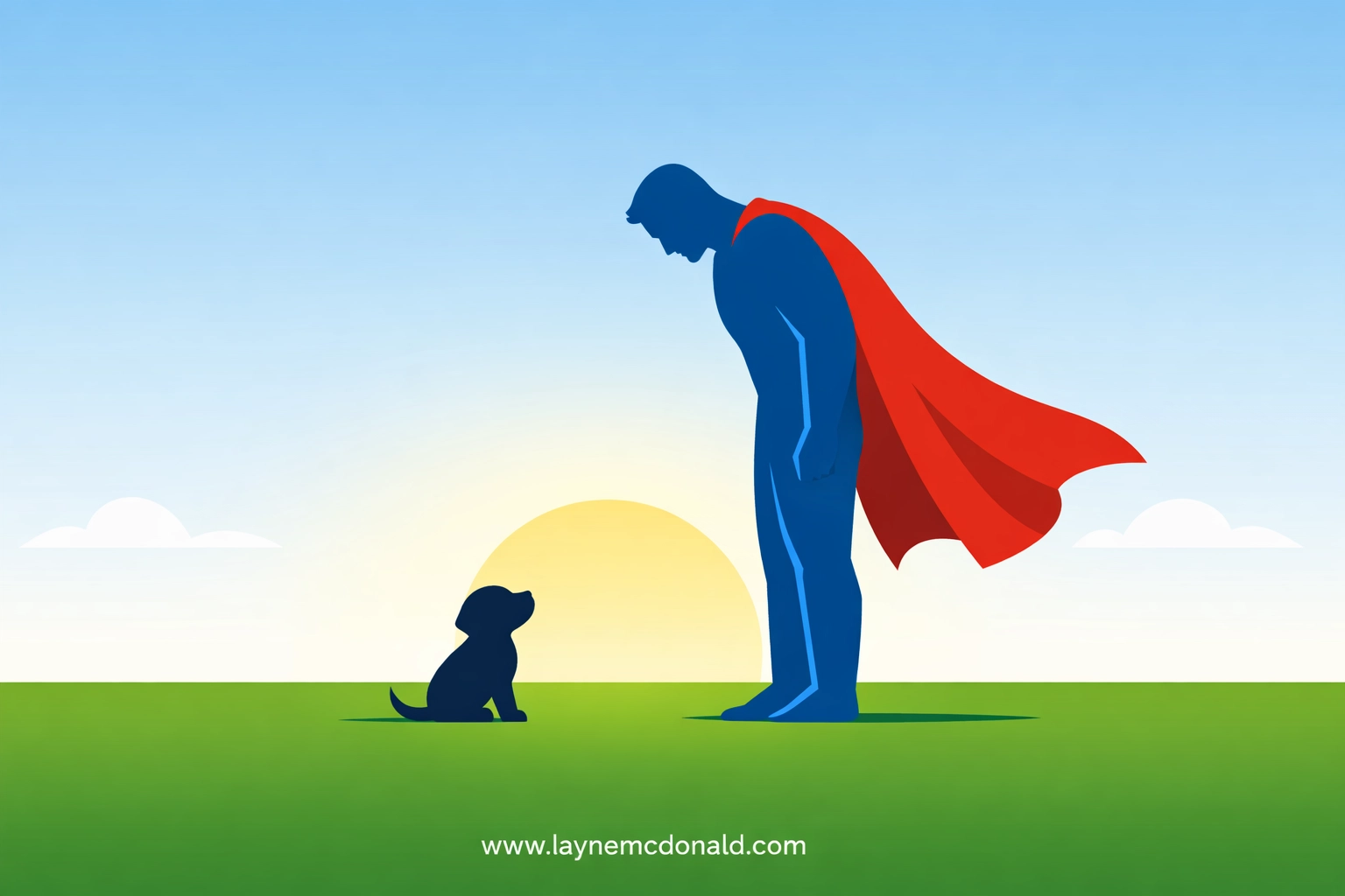 A superhero silhouette bowing to a puppy, illustrating the kindness and humility explored in the Superman 2025 review.