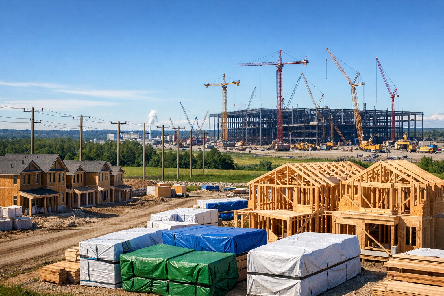 Stalled residential development in Waterloo Region alongside active industrial warehouse construction.