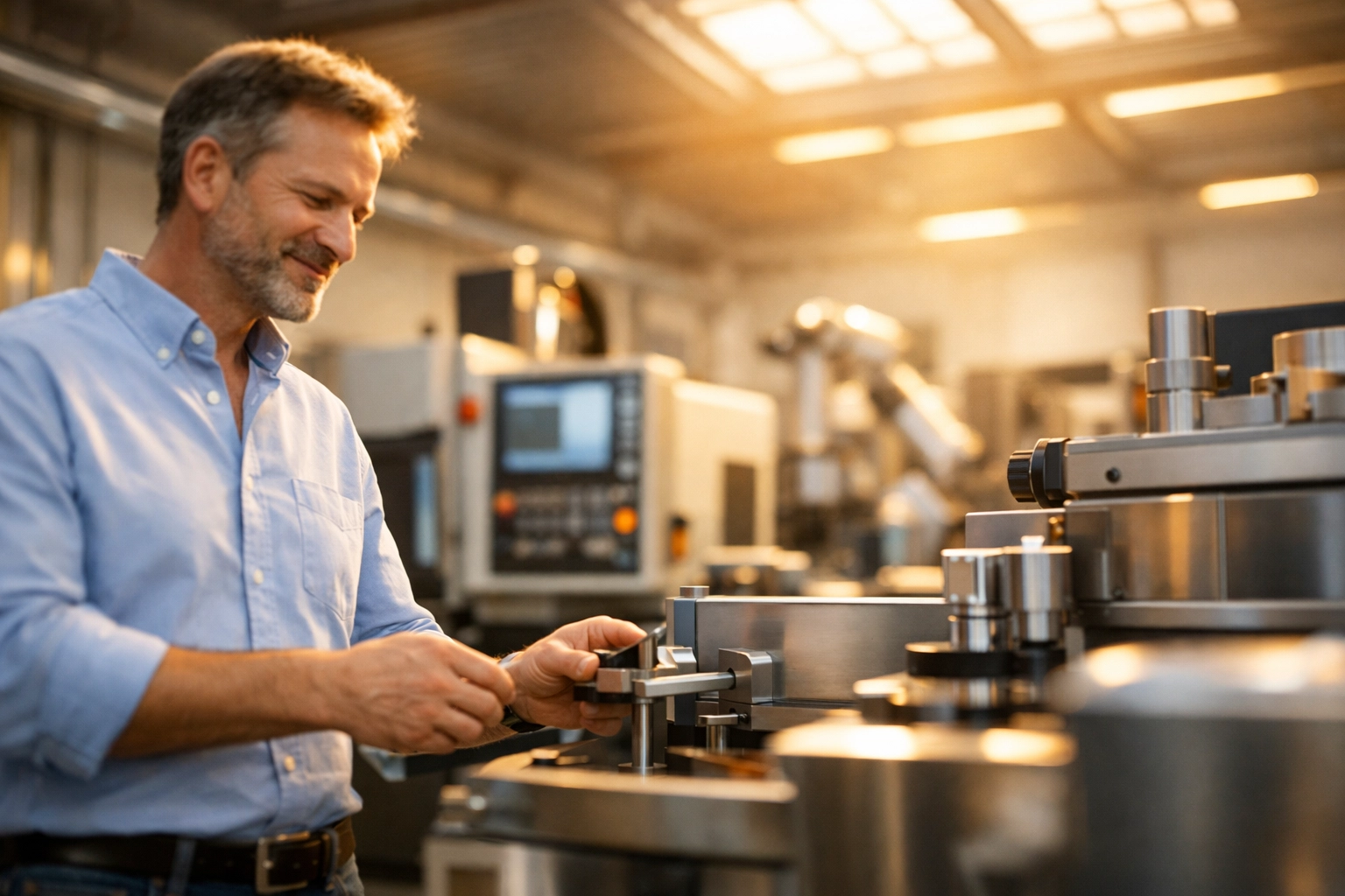 Business owner inspecting new equipment eligible for Section 179 deduction and bonus depreciation