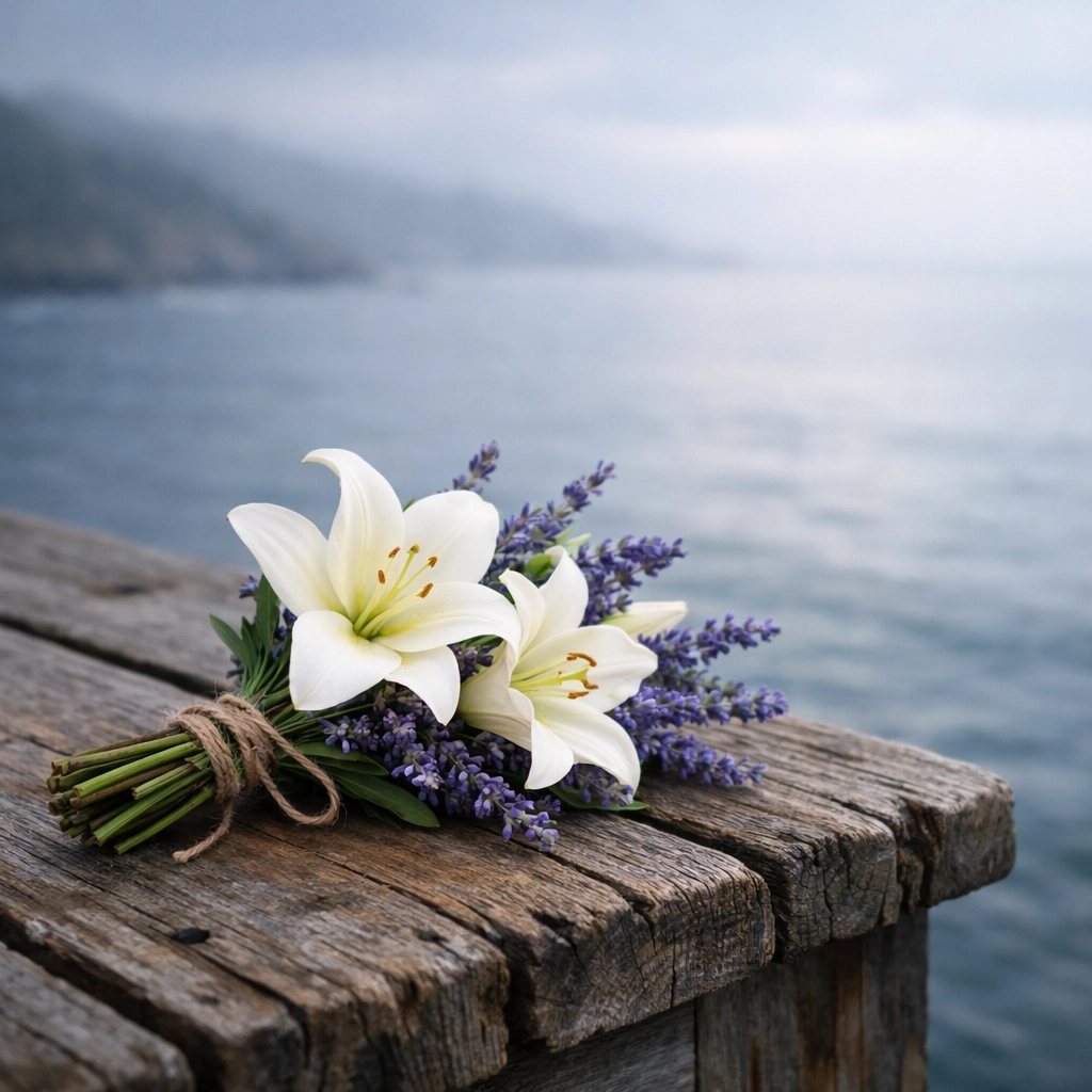Memorial flowers on a pier for a personalized and dignified drone ash scattering ceremony at sea.