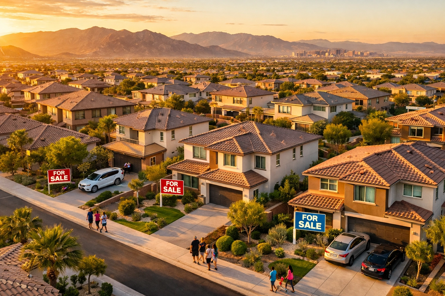 Aerial view of Las Vegas suburban neighborhood with multiple homes for sale