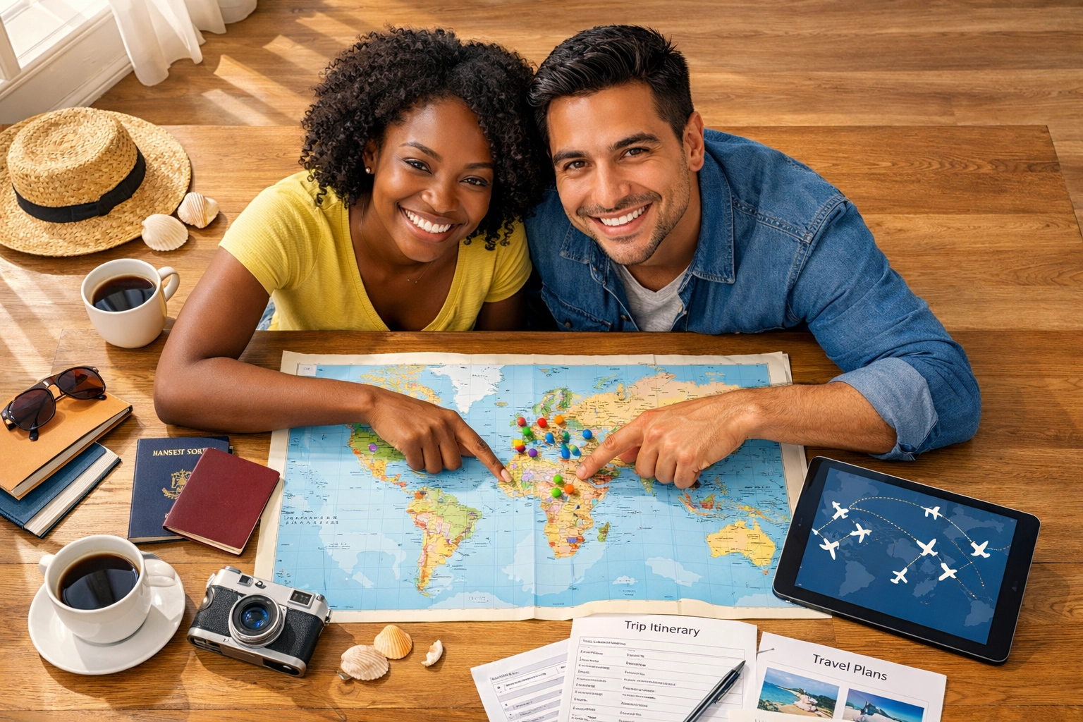Couple planning multi-destination trip with travel agent using maps and itineraries
