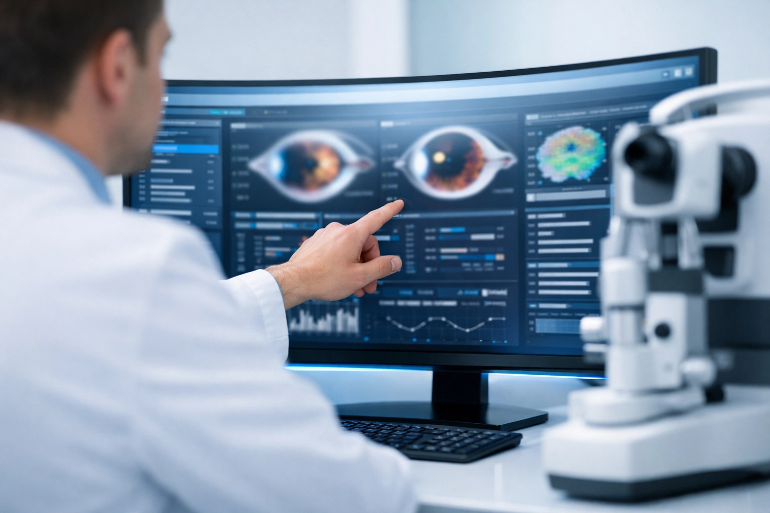 High-tech optometry workstation illustrating seamless EHR integration and efficient RCM workflow.