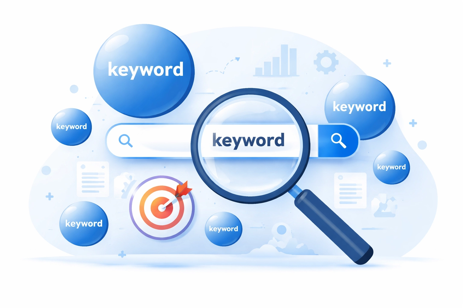 Vector illustration of effective keyword research showing a magnifying glass targeting specific SEO keywords