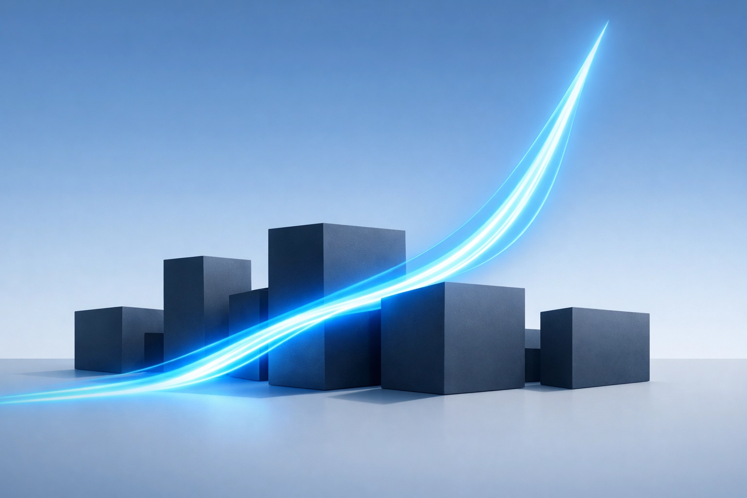 Blue light stream overcoming physical blocks to show how AI automation enables elastic business growth.