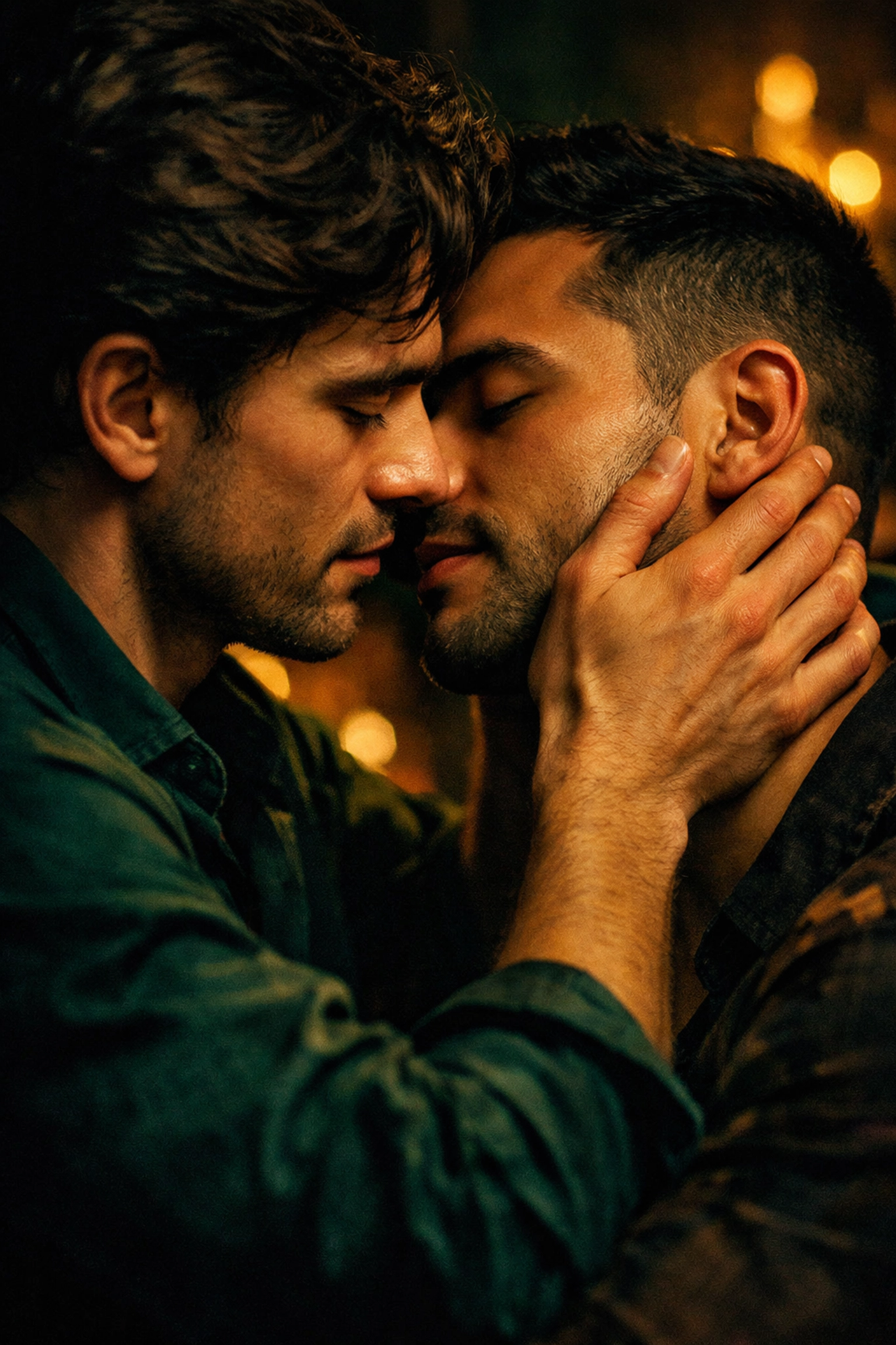 Gay couple in tender embrace showing attentive intimacy techniques from Kamasutra