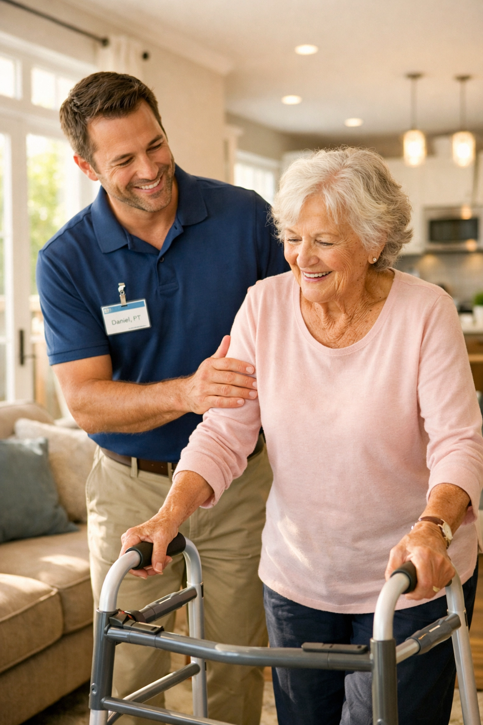 A physical therapist helping a senior woman practice safe walking with a mobility walker at home.