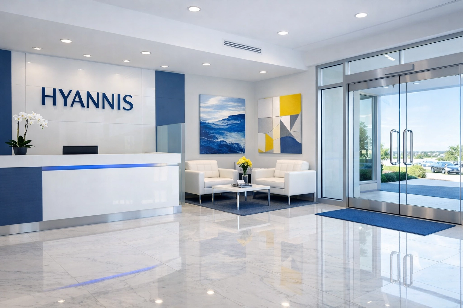 Professional office cleaning in Hyannis, MA with a pristine reception area, polished floors, and a welcoming entryway.