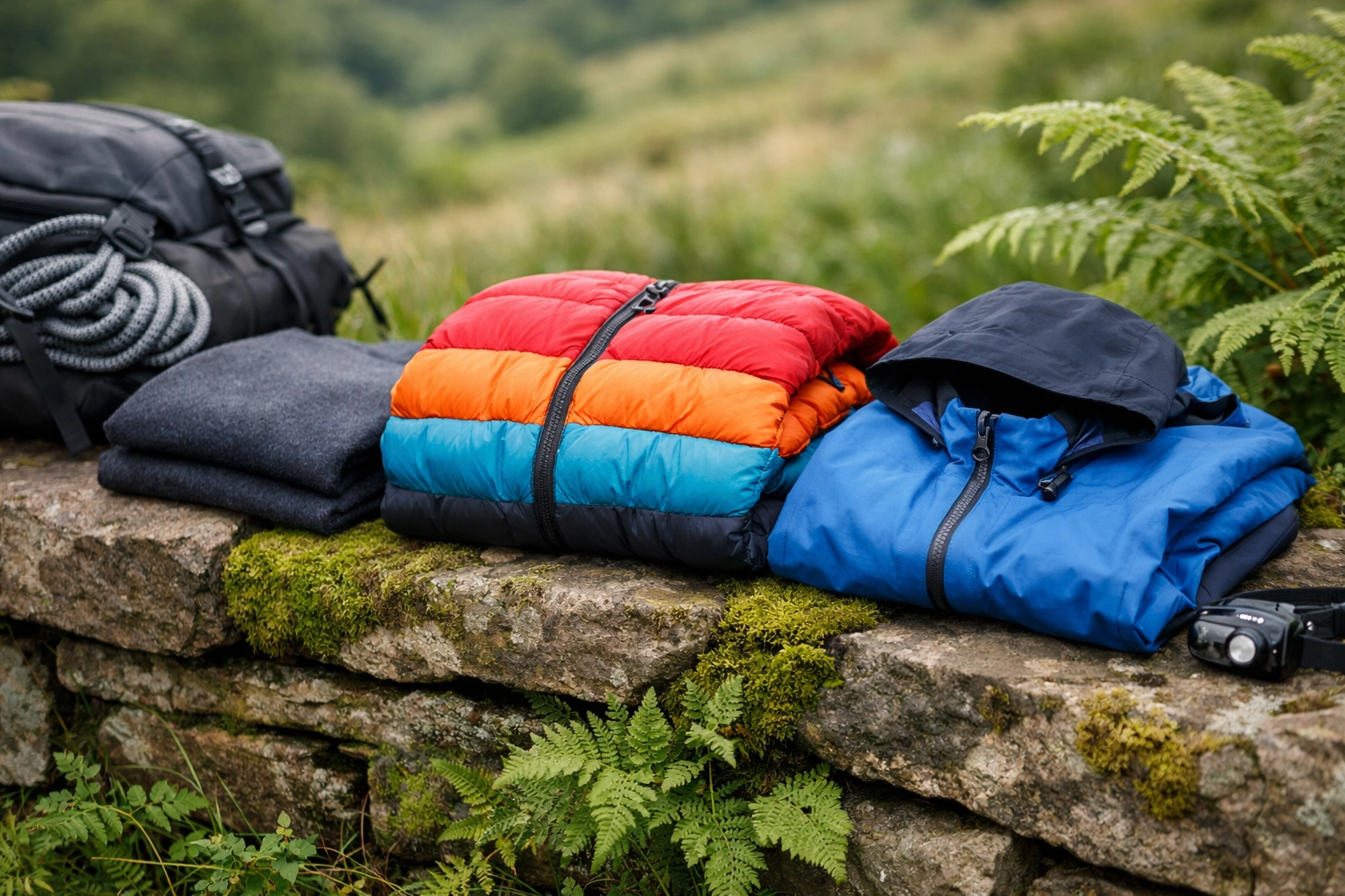 Technical hiking gear and layers for a camping adventure UK, essential for managing body temperature in the wild.