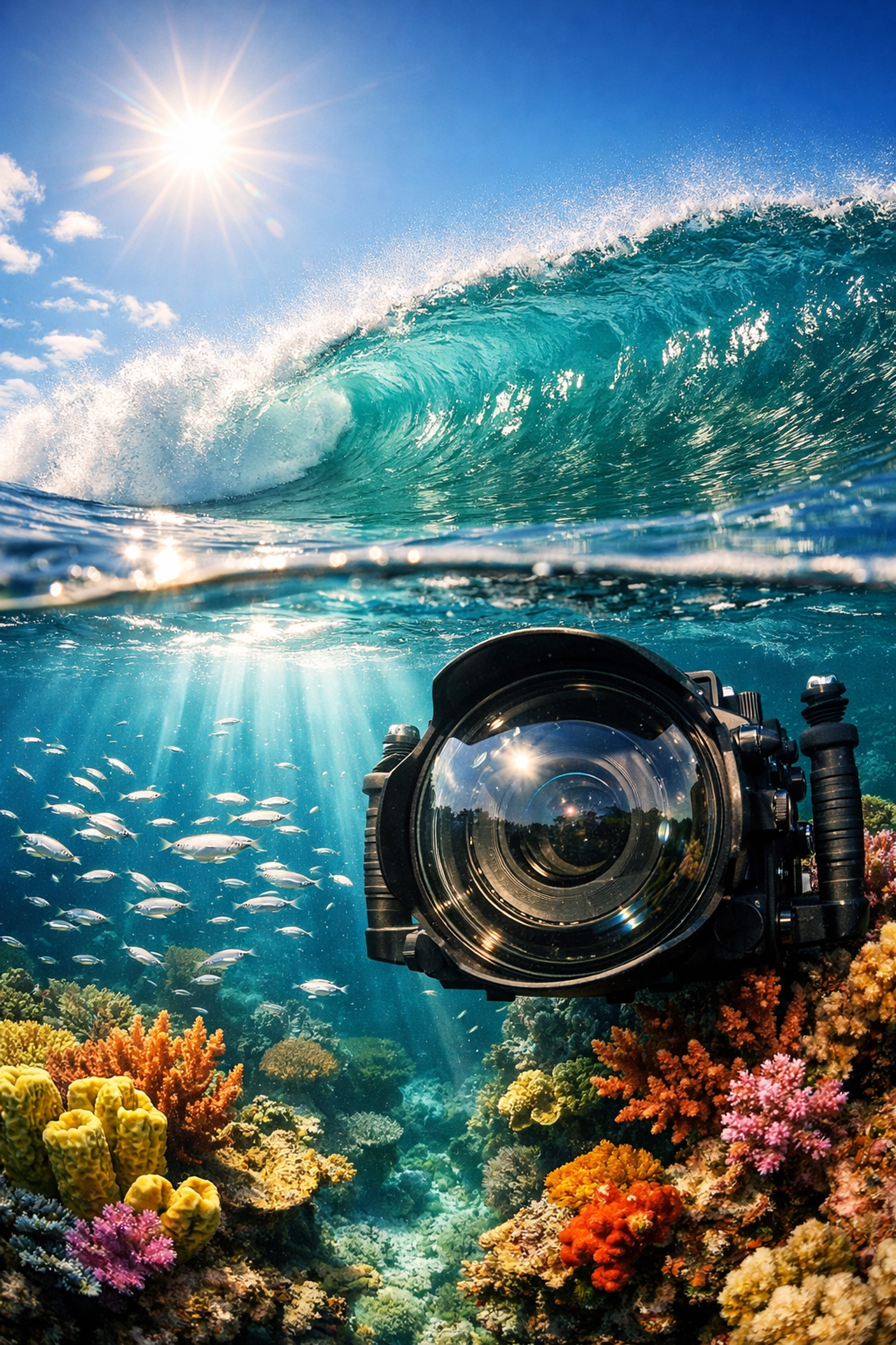 Professional underwater camera housing capturing a split-shot of a tropical wave and coral reef in 2026.