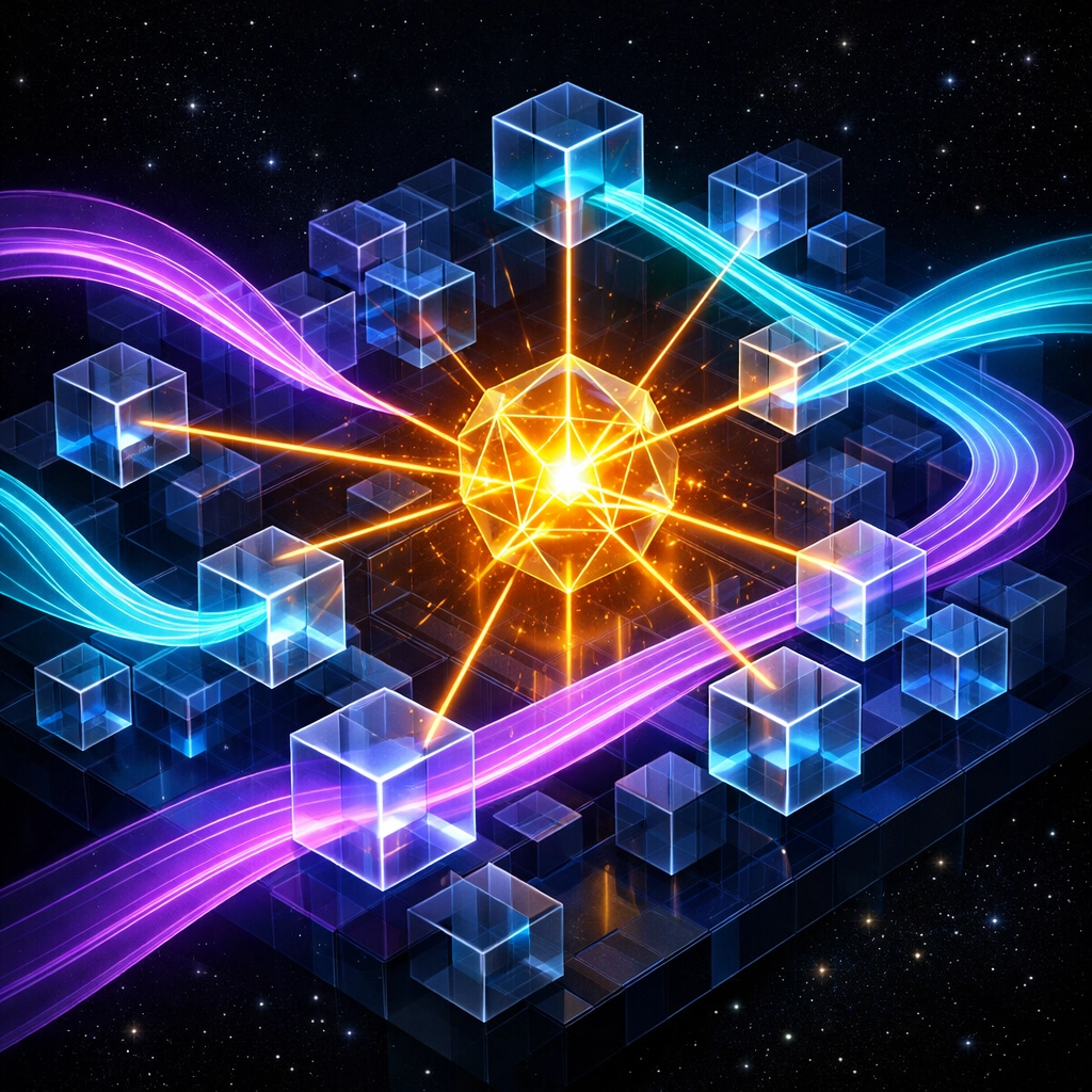 Digital visualization of AI smart routing optimizing crypto payment paths across multiple blockchains for lower fees.