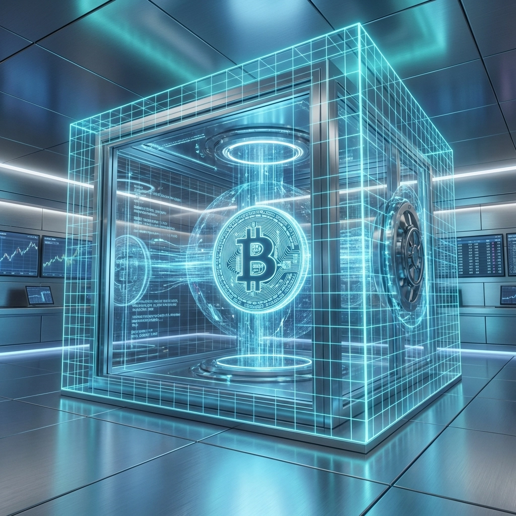 Glowing Bitcoin symbol in secure vault, representing institutional crypto investment