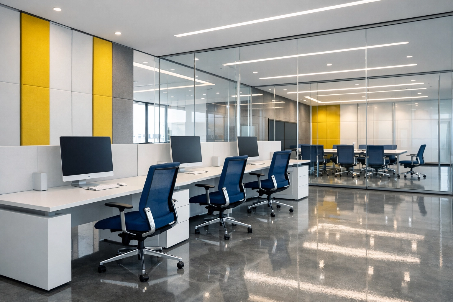 Modern office space with polished concrete floors and glass partitions, maintained by The Cleaning Ninjas.