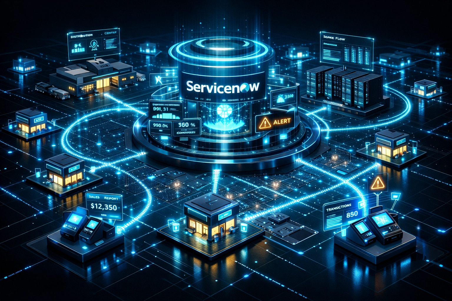 ServiceNow ITOM retail enterprise network showing interconnected store locations and distribution centers
