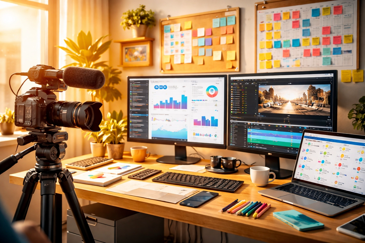 Modern workspace with video camera and social media dashboards, showcasing seamless content creation and automation.