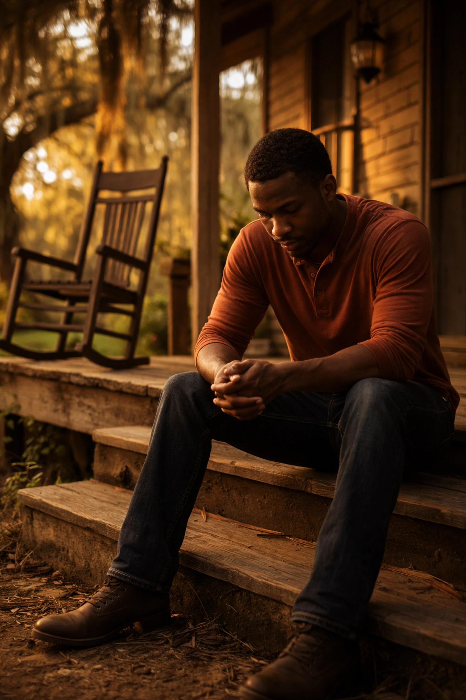 Black man sitting alone on porch steps at sunset, reflecting on relationship trauma and emotional vulnerability
