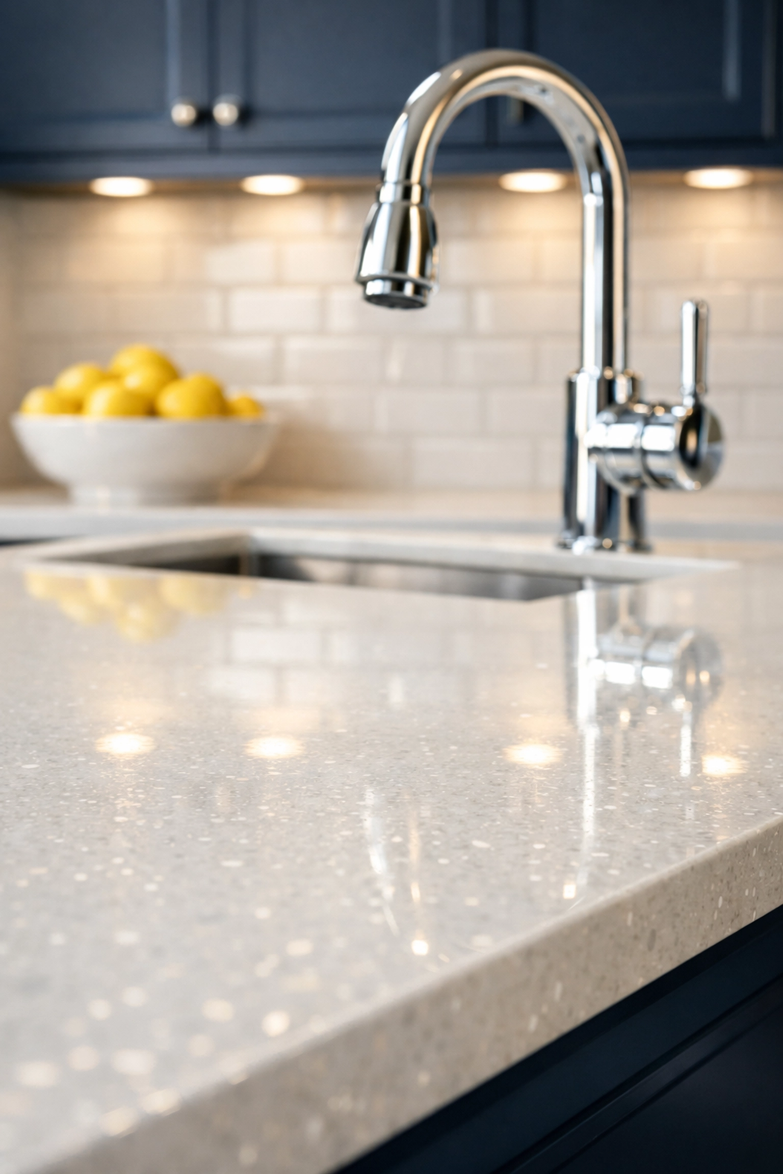 Sparkling clean luxury kitchen island and polished fixtures in a Stow MA home.