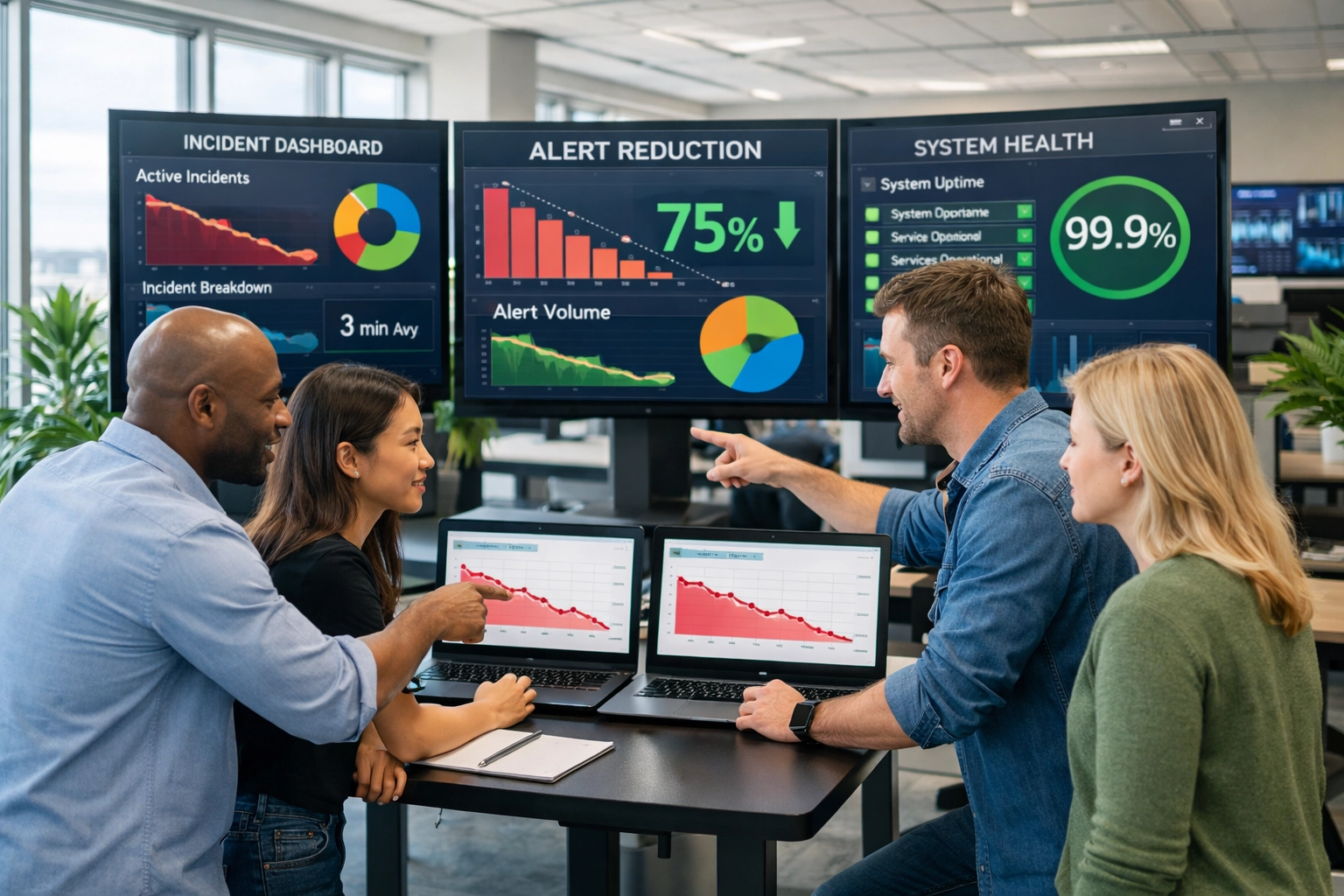 IT operations team monitoring ServiceNow ITOM incident dashboards showing alert reduction