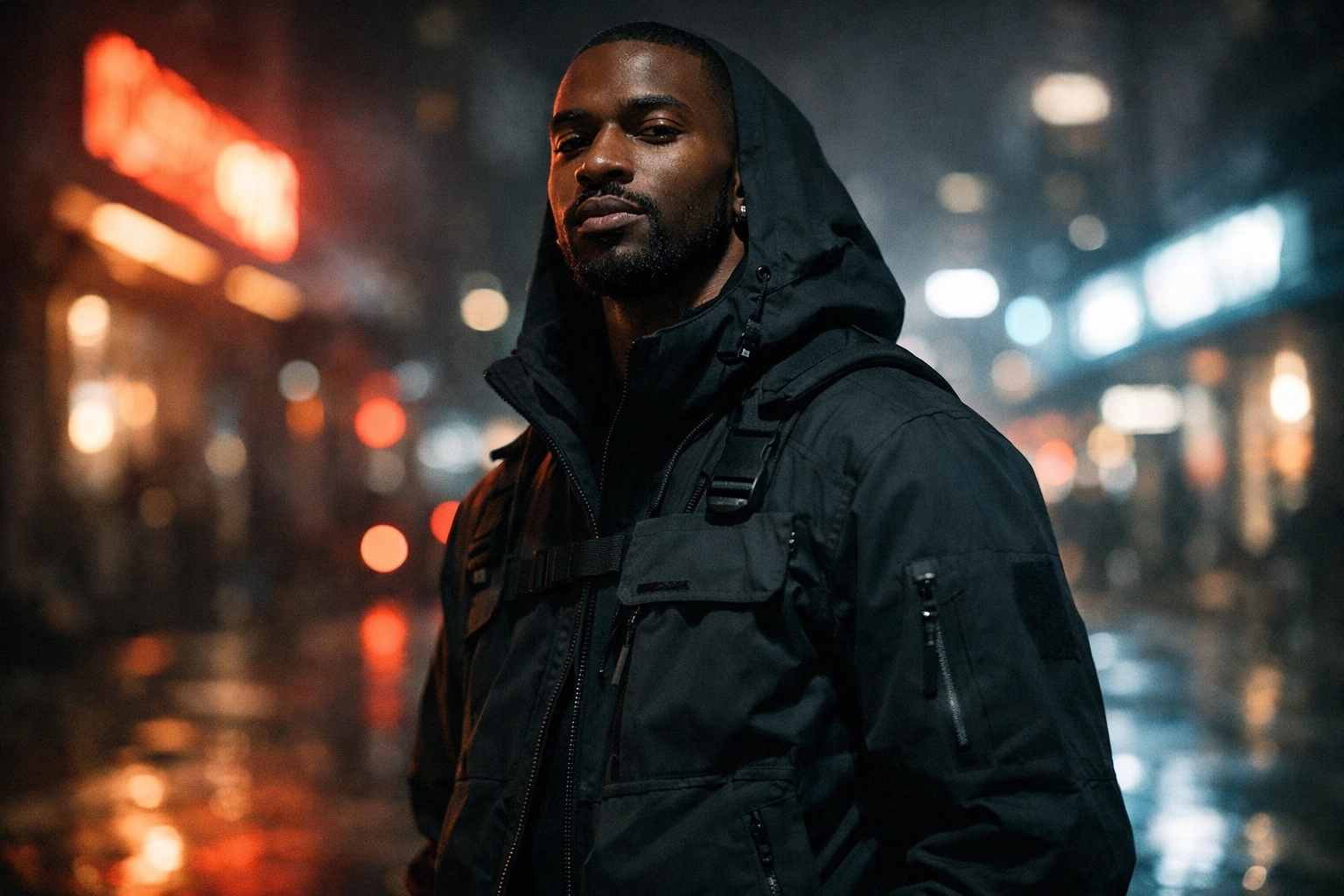 Gritty cinematic minimalist: Black professional wearing premium purpose-driven streetwear in an urban night setting (high-end lifestyle aesthetic)