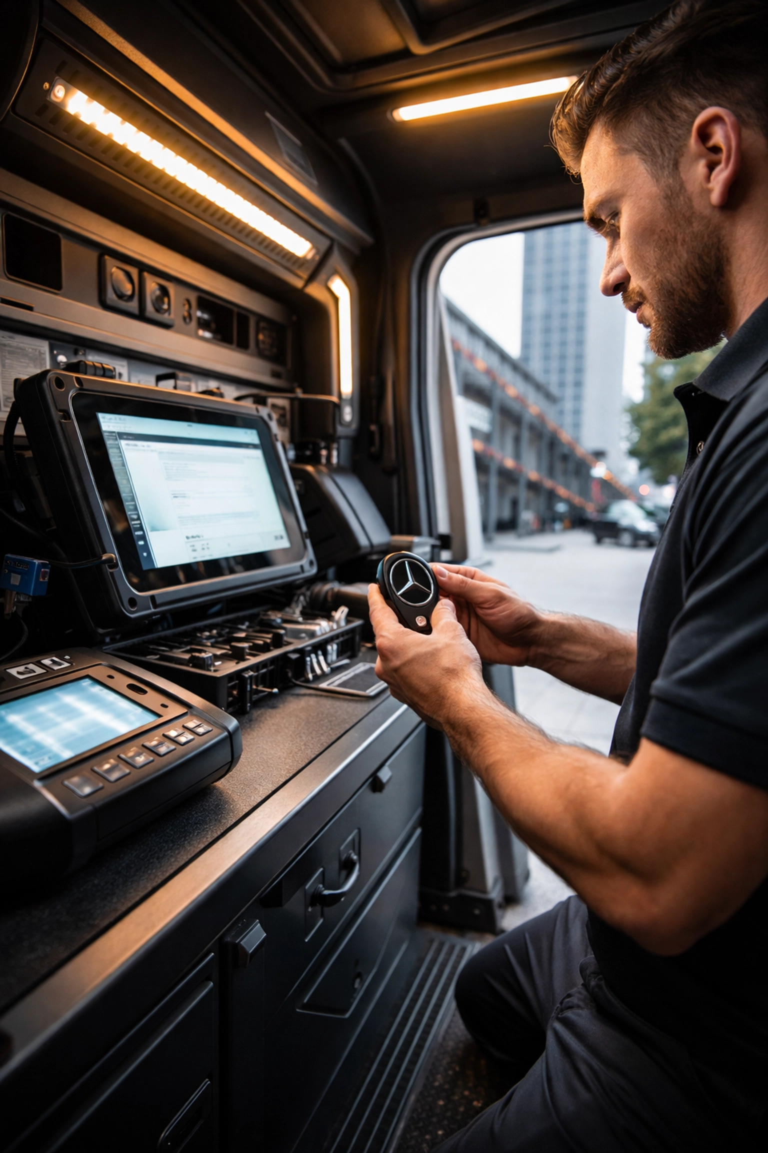 Professional Indianapolis locksmith programming a Mercedes key fob at a mobile workstation